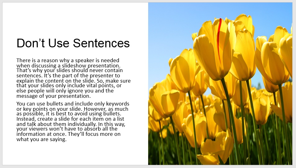 avoid using sentences on powerpoint presentation